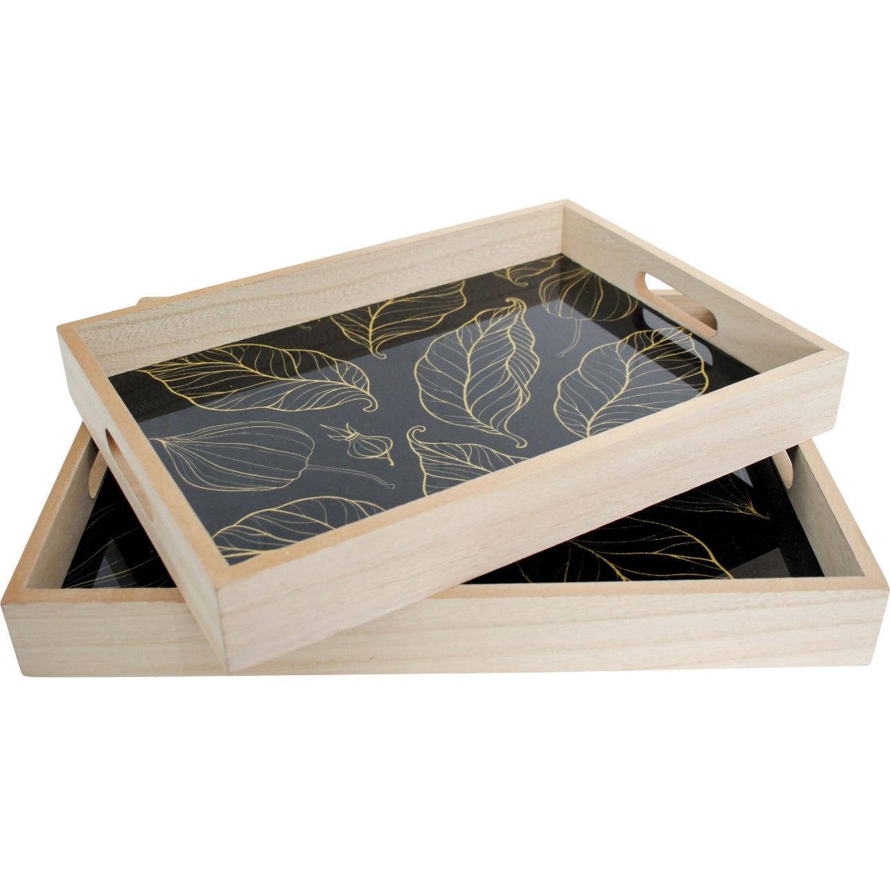 Black and Gold leaf wooden tray set/2