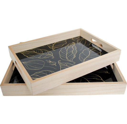 Black and Gold leaf wooden tray set/2