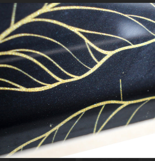 Black and Gold leaf wooden tray set/2