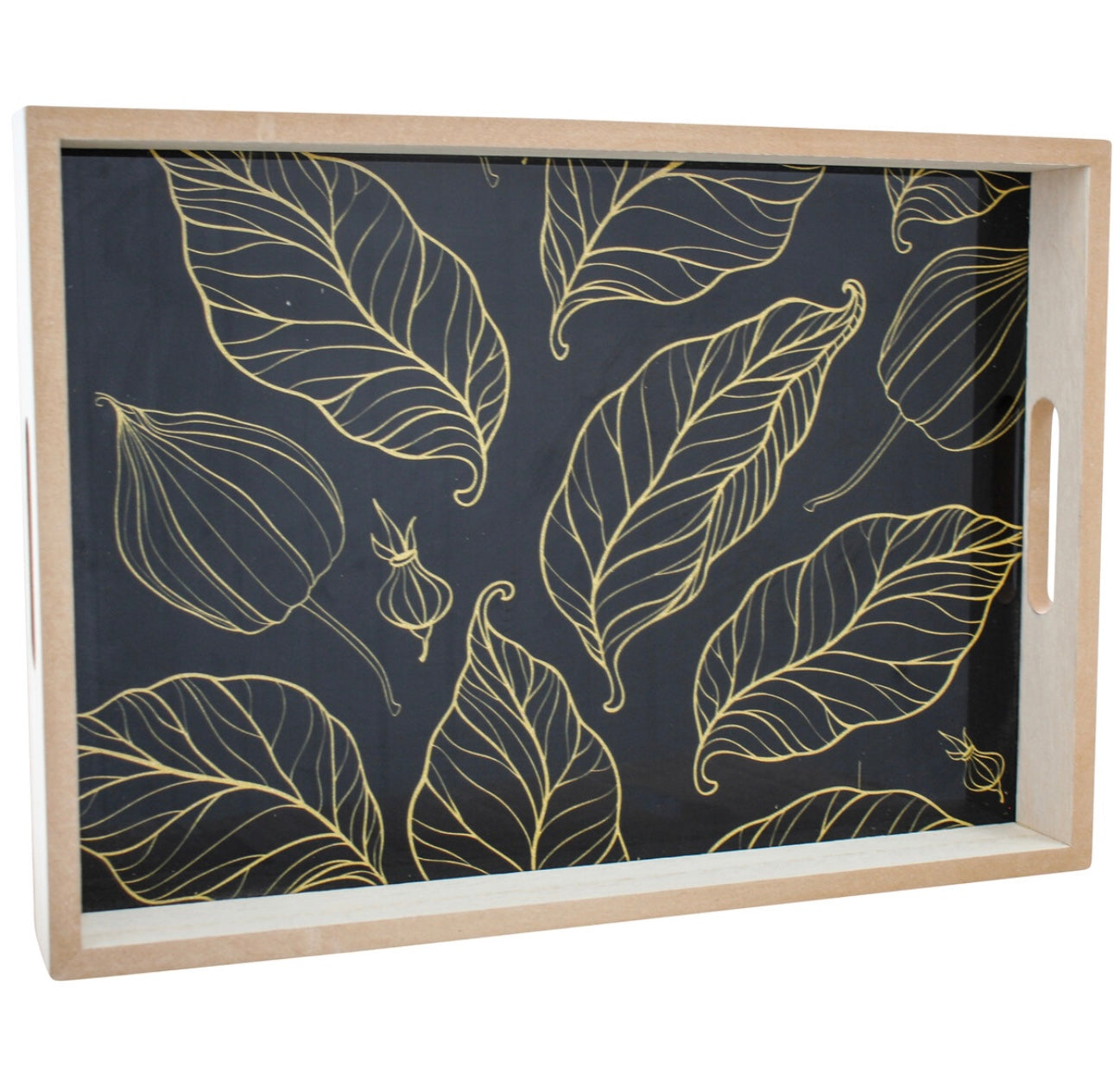 Black and Gold leaf wooden tray set/2