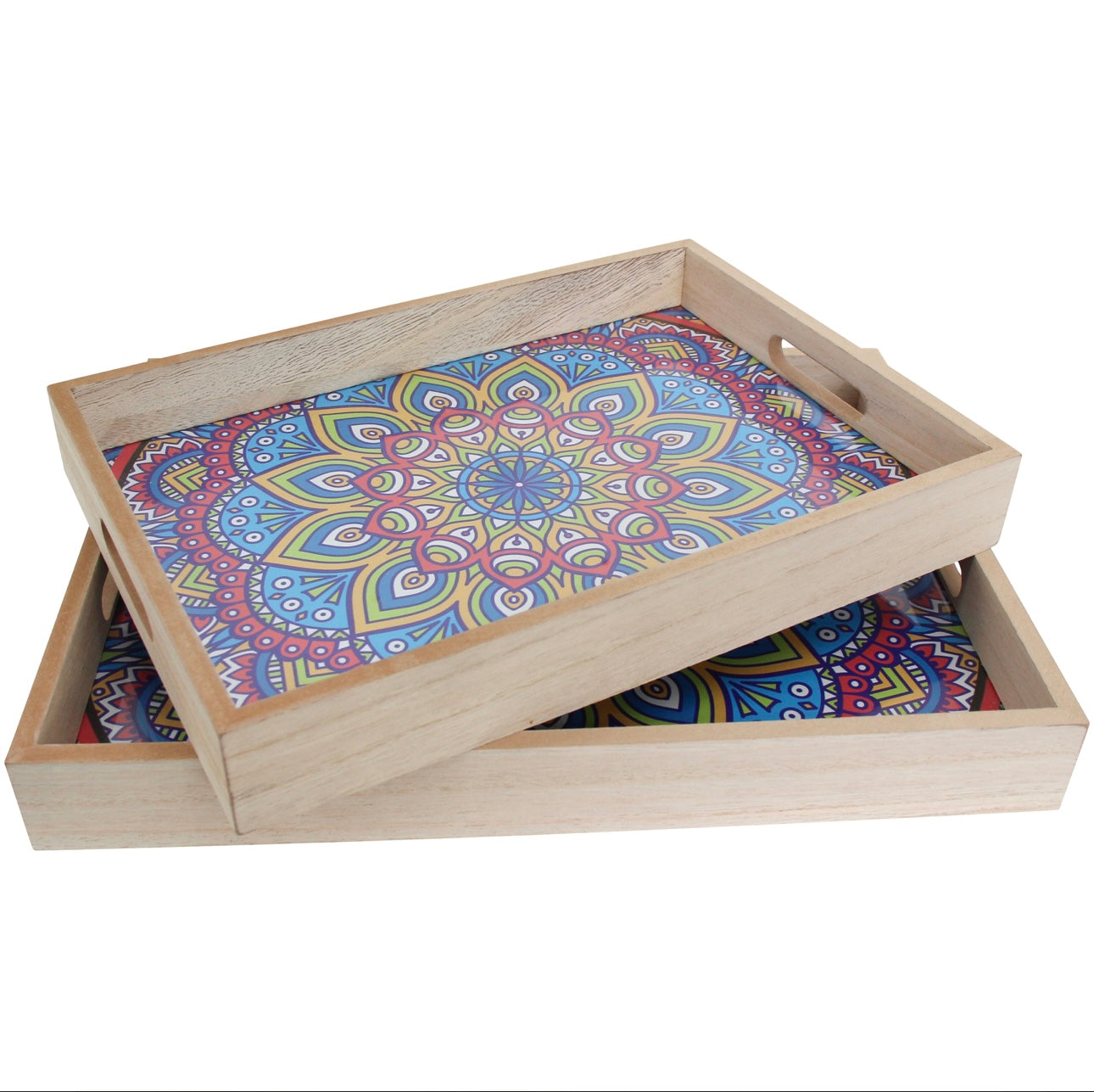 Multi-coloured mandala design tray S/2